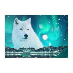 Arctic wolf and magical night with northern lights acrylic print