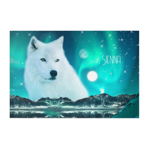 Arctic wolf and magical night with northern lights acrylic print