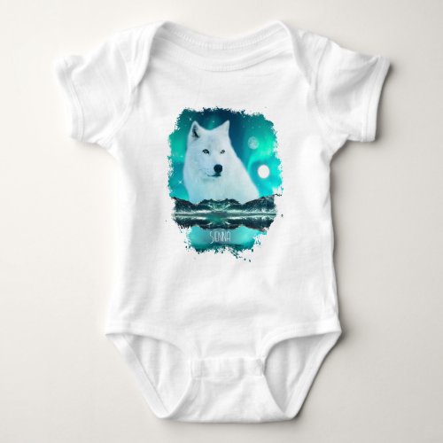 Arctic wolf and magical night with northern lights baby bodysuit