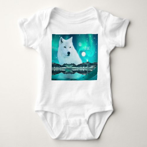 Arctic wolf and magical night with northern lights baby bodysuit