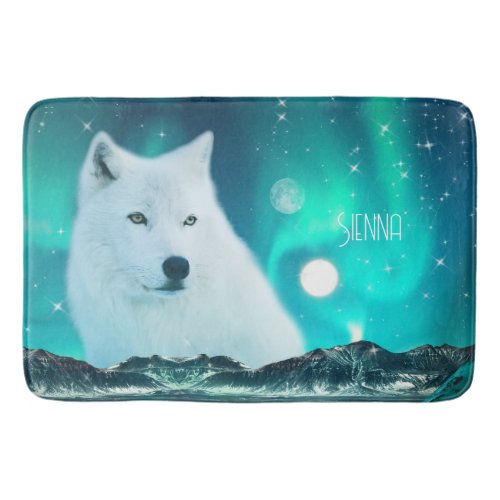 Arctic wolf and magical night with northern lights bath mat