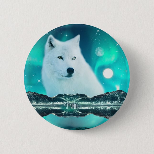 Arctic wolf and magical night with northern lights button (Front)