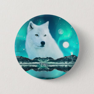 Arctic wolf and magical night with northern lights button