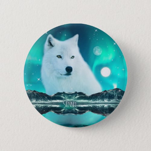 Arctic wolf and magical night with northern lights button