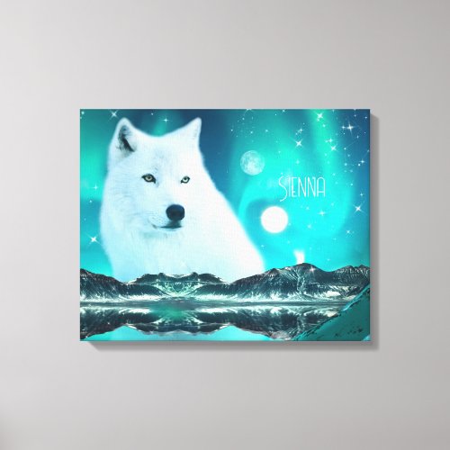 Arctic wolf and magical night with northern lights canvas print