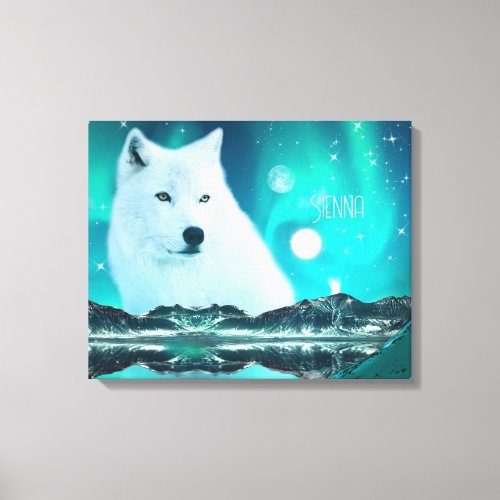 Arctic wolf and magical night with northern lights canvas print