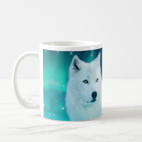 Arctic wolf and magical night with northern lights coffee mug