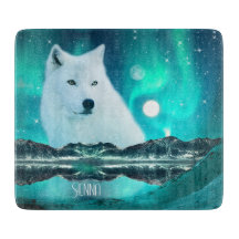 Arctic wolf and magical night with northern lights