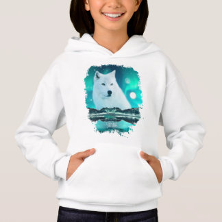 Arctic wolf and magical night with northern lights hoodie
