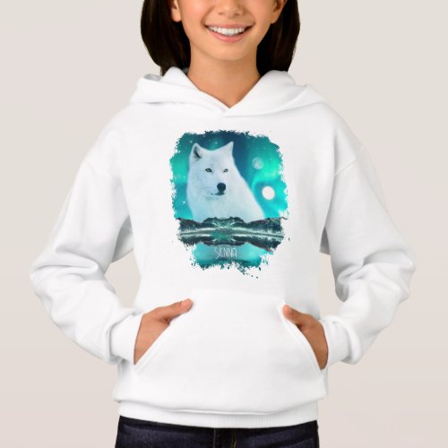 Arctic wolf and magical night with northern lights hoodie
