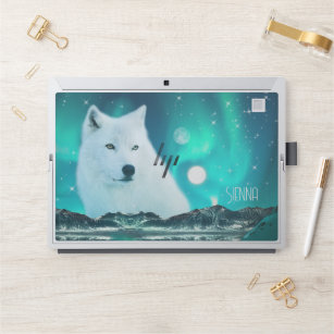 Arctic wolf and magical night with northern lights HP laptop skin