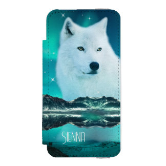 Arctic wolf and magical night with northern lights iPhone SE/5/5s wallet case