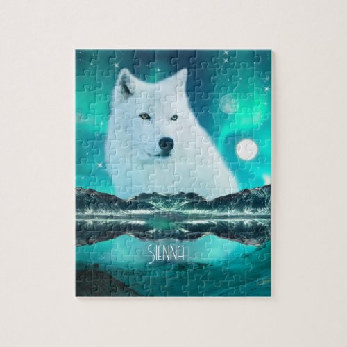 Arctic wolf and magical night with northern lights jigsaw puzzle