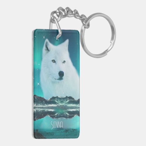 Arctic wolf and magical night with northern lights keychain