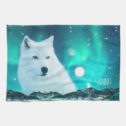 Arctic wolf and magical night with northern lights kitchen towel