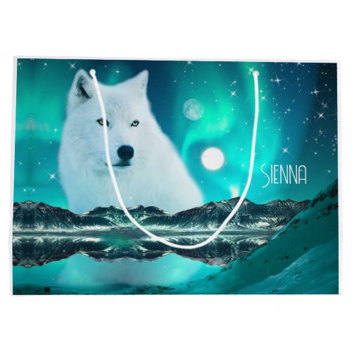 Arctic wolf and magical night with northern lights large gift bag