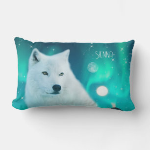 Arctic wolf and magical night with northern lights lumbar pillow