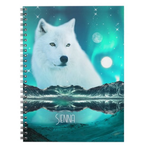 Arctic wolf and magical night with northern lights notebook
