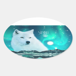 Arctic wolf and magical night with northern lights oval sticker
