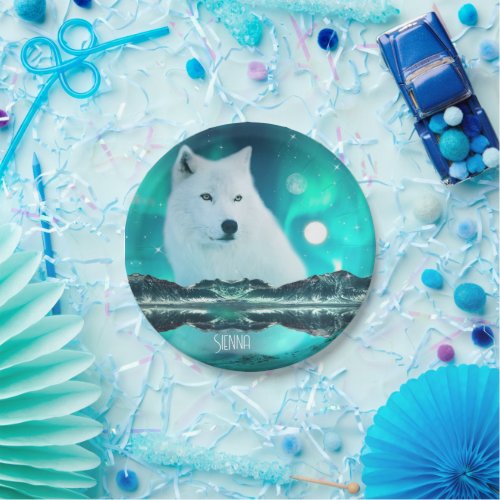Arctic wolf and magical night with northern lights paper plates
