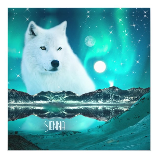 Arctic wolf and magical night with northern lights photo print (Front)