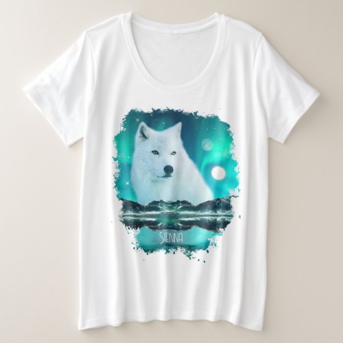 Arctic wolf and magical night with northern lights plus size T_Shirt