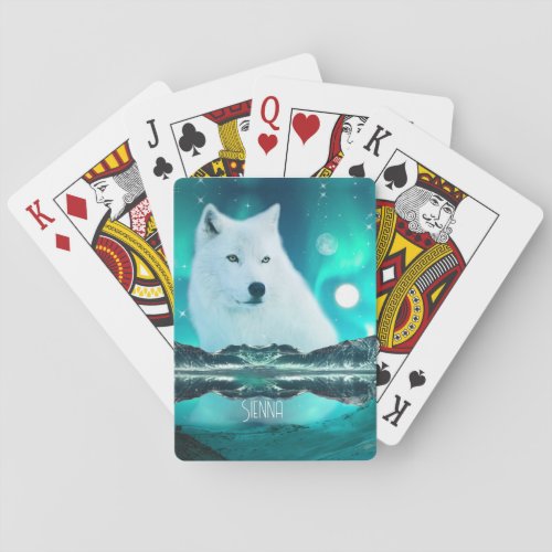 Arctic wolf and magical night with northern lights poker cards