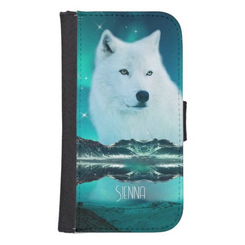 Arctic wolf and magical night with northern lights galaxy s4 wallet case