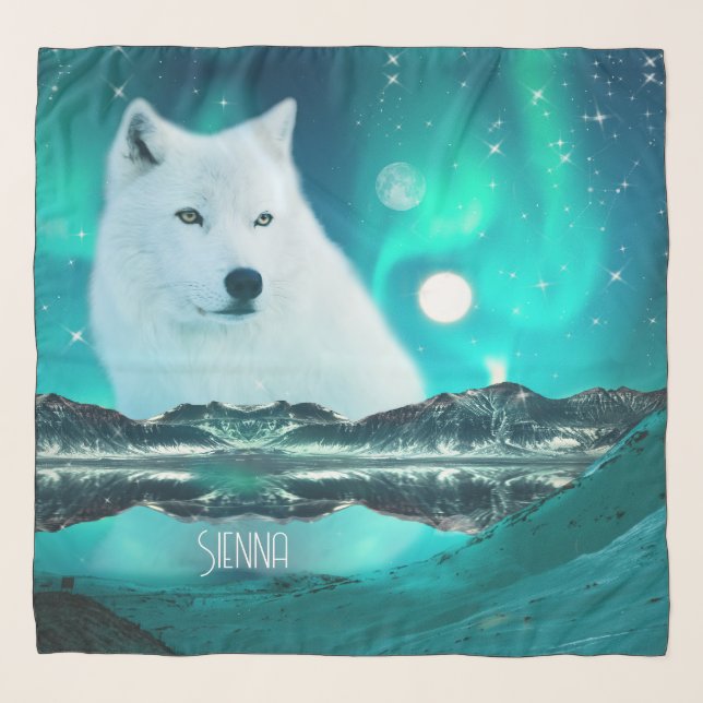 Arctic wolf and magical night with northern lights scarf (Front)