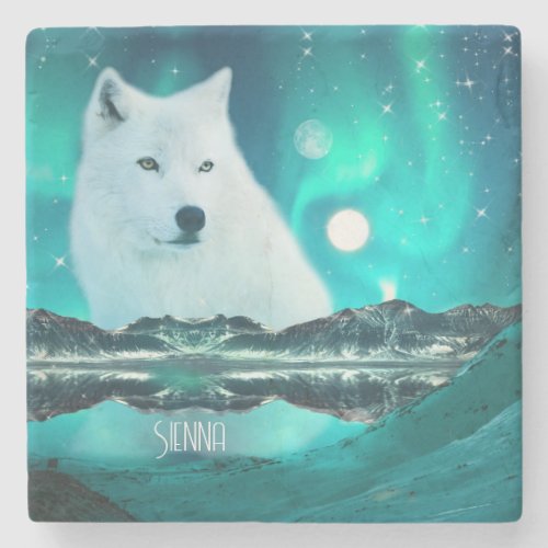 Arctic wolf and magical night with northern lights stone coaster