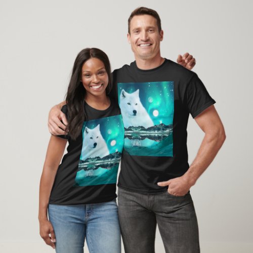 Arctic wolf and magical night with northern lights T_Shirt