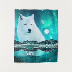Arctic wolf and magical night with northern lights tapestry