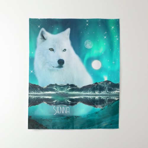 Arctic wolf and magical night with northern lights tapestry