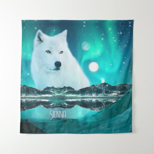 Arctic wolf and magical night with northern lights tapestry