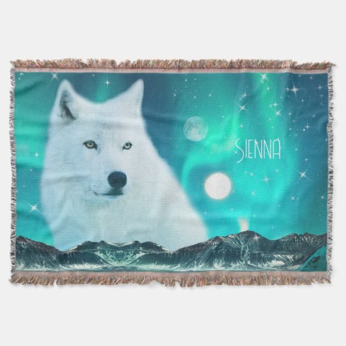 Arctic wolf and magical night with northern lights throw blanket
