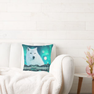 Arctic wolf and magical night with northern lights throw pillow