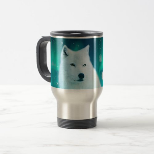 Arctic wolf and magical night with northern lights travel mug