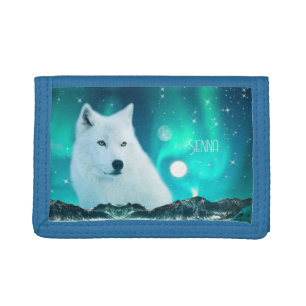 Arctic wolf and magical night with northern lights tri-fold wallet