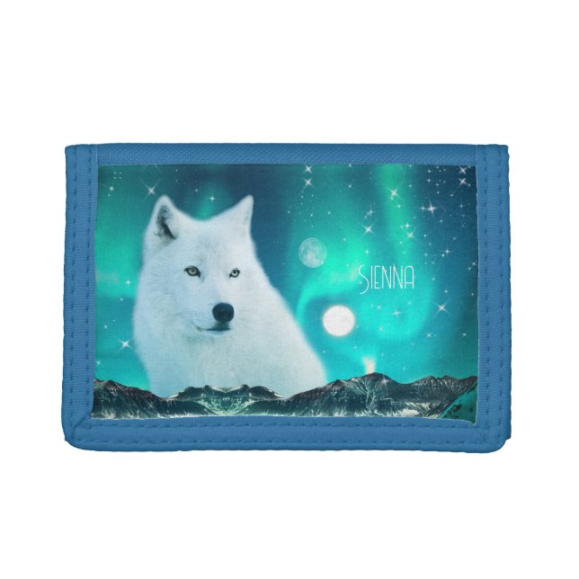 Arctic wolf and magical night with northern lights trifold wallet (Front)