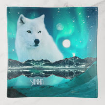 Arctic wolf and magical night with northern lights