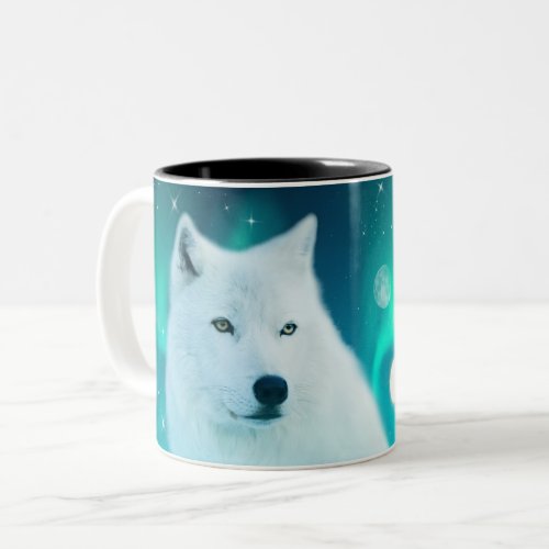 Arctic wolf and magical night with northern lights Two_Tone coffee mug