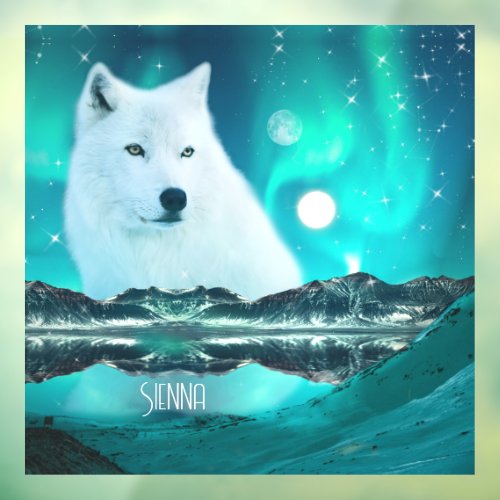 Arctic wolf and magical night with northern lights window cling