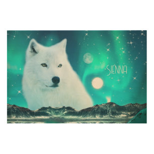 Arctic wolf and magical night with northern lights wood wall art