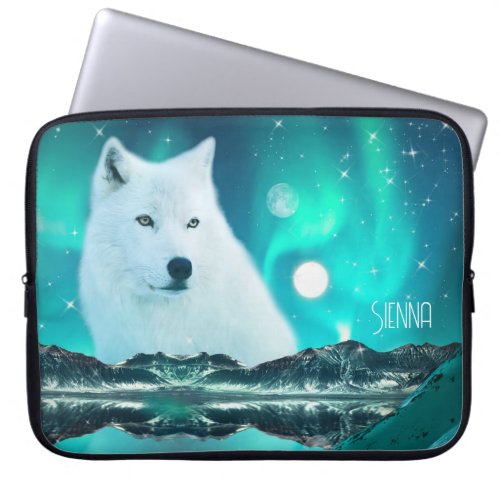 Arctic wolf at night with northern lights  laptop sleeve