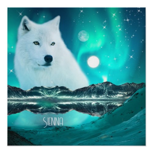 Arctic wolf at night with northern lights poster