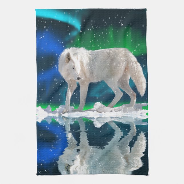 Arctic Wolf, Aurora & Falling Snow Wildlife Art Kitchen Towel (Vertical)