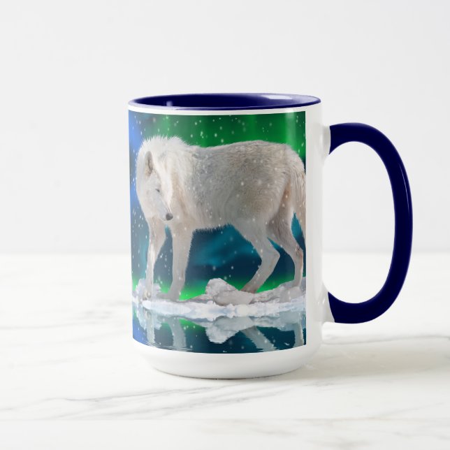 Arctic Wolf, Aurora & Snow Wildlife Art Coffee Mug (Right)