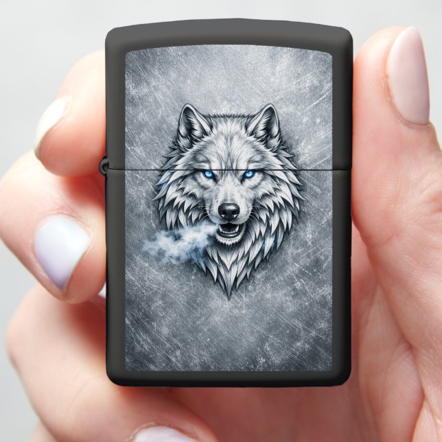 Arctic Wolf of the Frosted Chrome Dominion Zippo Lighter (In Hand)