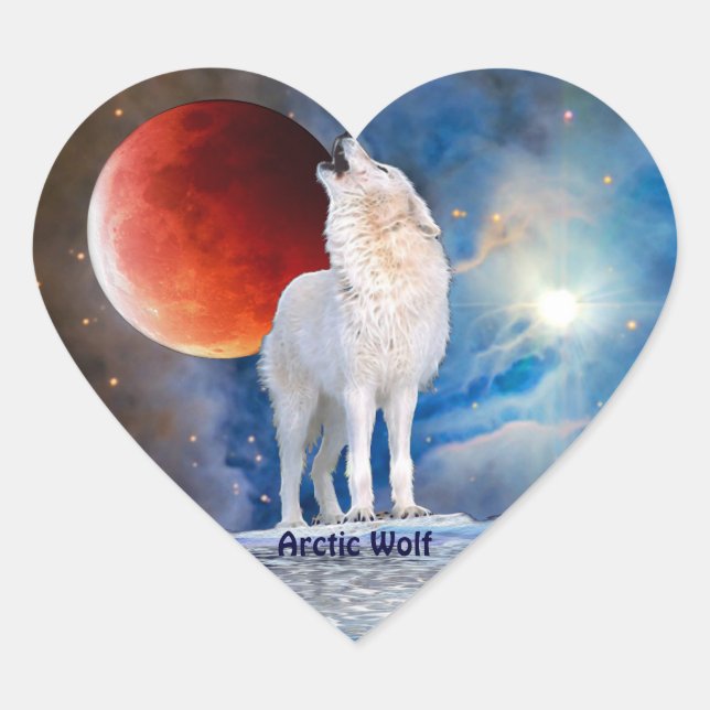 Arctic Wolf & Red Eclipsing Moon Heart Sticker (Front)