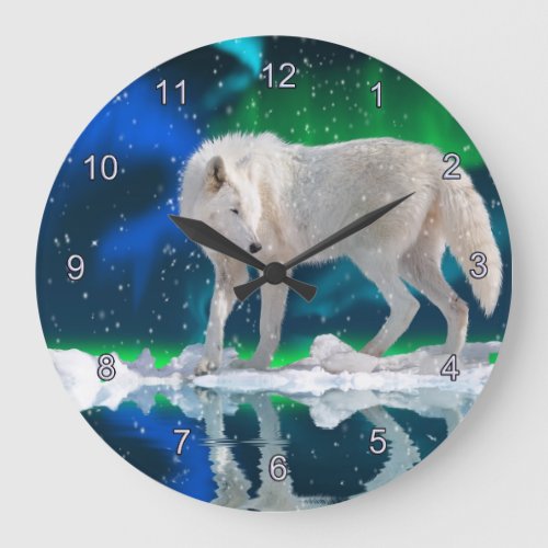 Arctic Wolf Snow  Aurora Wildlife Art Clock